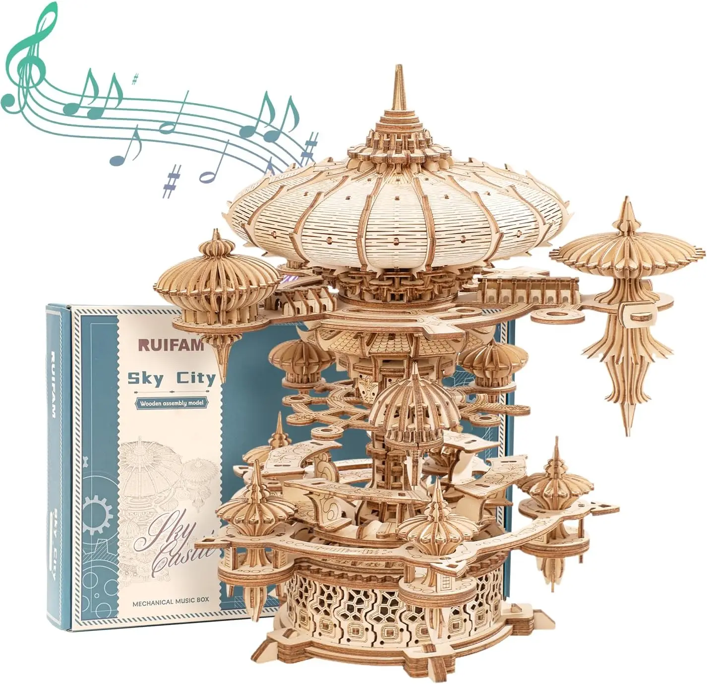 

3D Wooden Puzzles for Adults, SkyCity Music Box Model Kit, 600+ Pcs Cityscape Design, Challenging Mechanical DIY Craft, STEM Toy