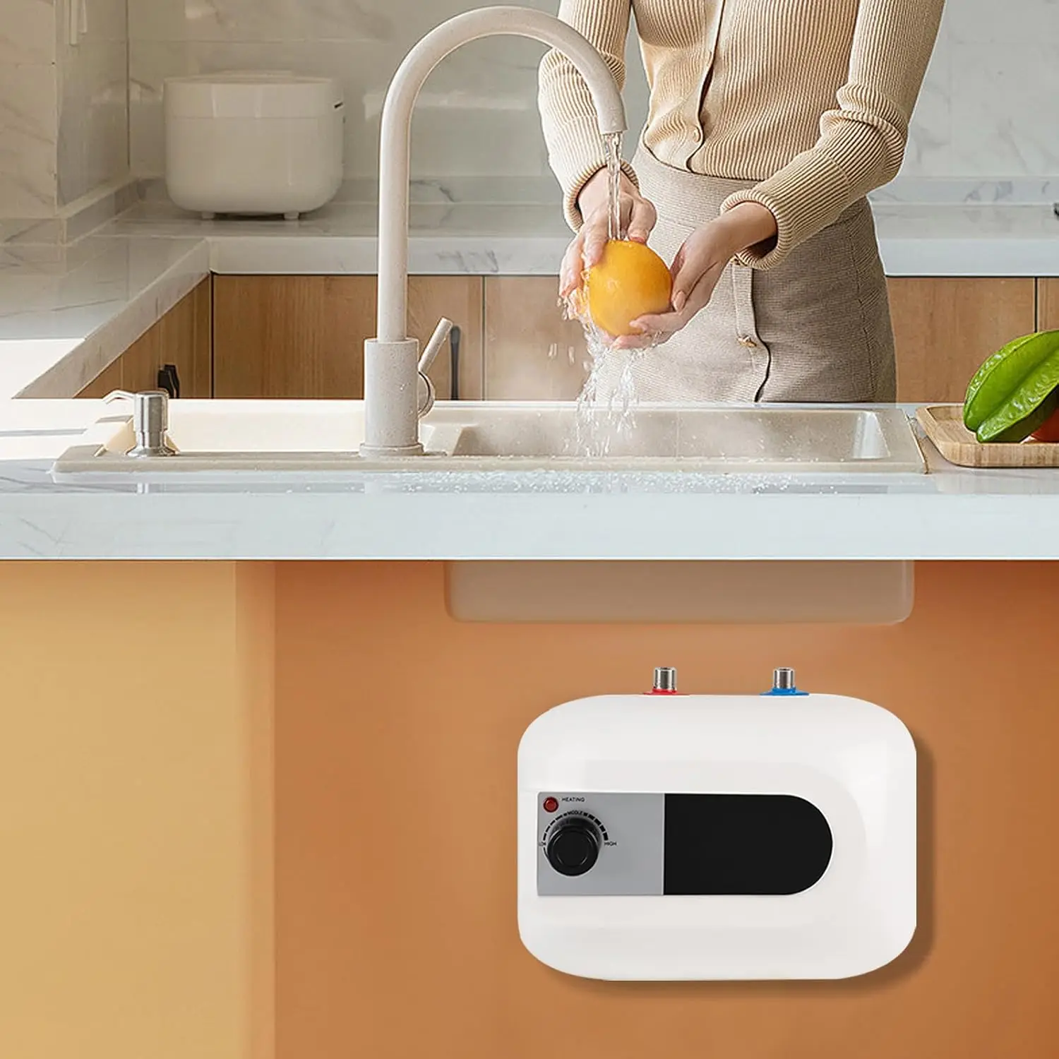 

Электрический водонагреватель 1.5 кВт, проточный, под раковину, с предохранительным клапаном, бак 6 литров, мгновенный нагрев воды