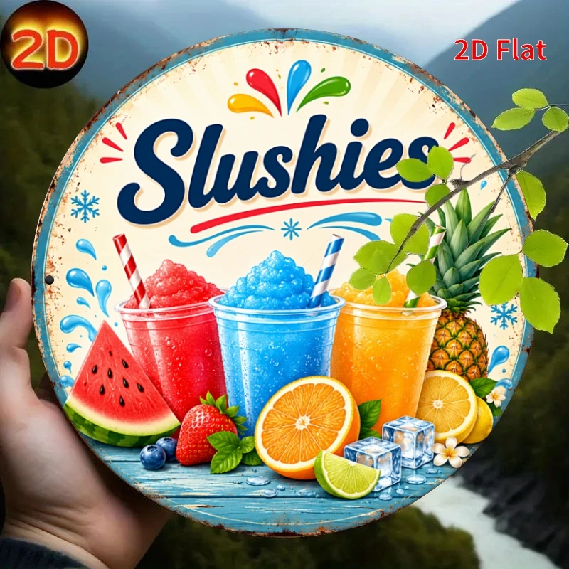 2D Flat, [2Dflat], 1pc20x20cm- Decorative Signs, Slushies Assorted Tropical Fruit Ice Slush Round Tin Plaque, Vintage Wall Decor