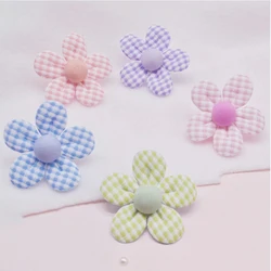 30Pcs 5.2CM Gingham Flower With Button Appliques For Clothes Hat Sewing Supplies DIY Headwear Hair Clip Bow Decor Patches