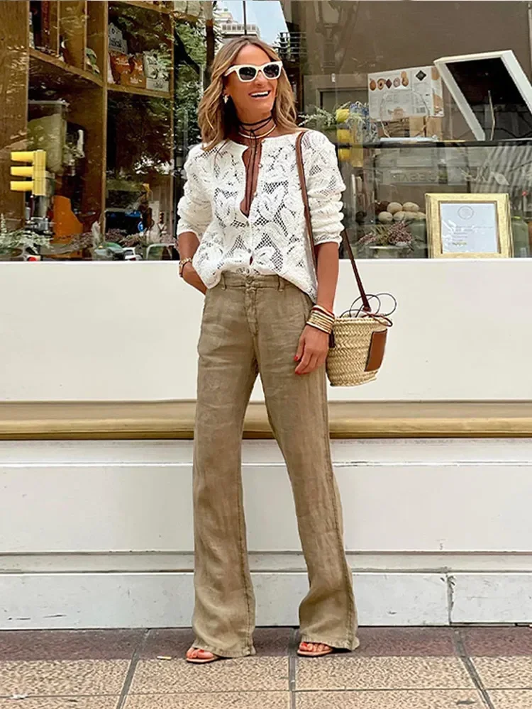 Women 2024 Elegant Sexy Hollow Out See Through Shirt Round Neck Single Breasted Long Sleeves Coat Spring Chic Female Streetwear