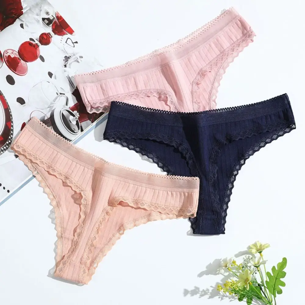 3PCS/Set Women\'s Sexys Panties Seamless Cotton Ladies Ribbed Female Underwear Low Waist Briefs Sports Lace Lingerie