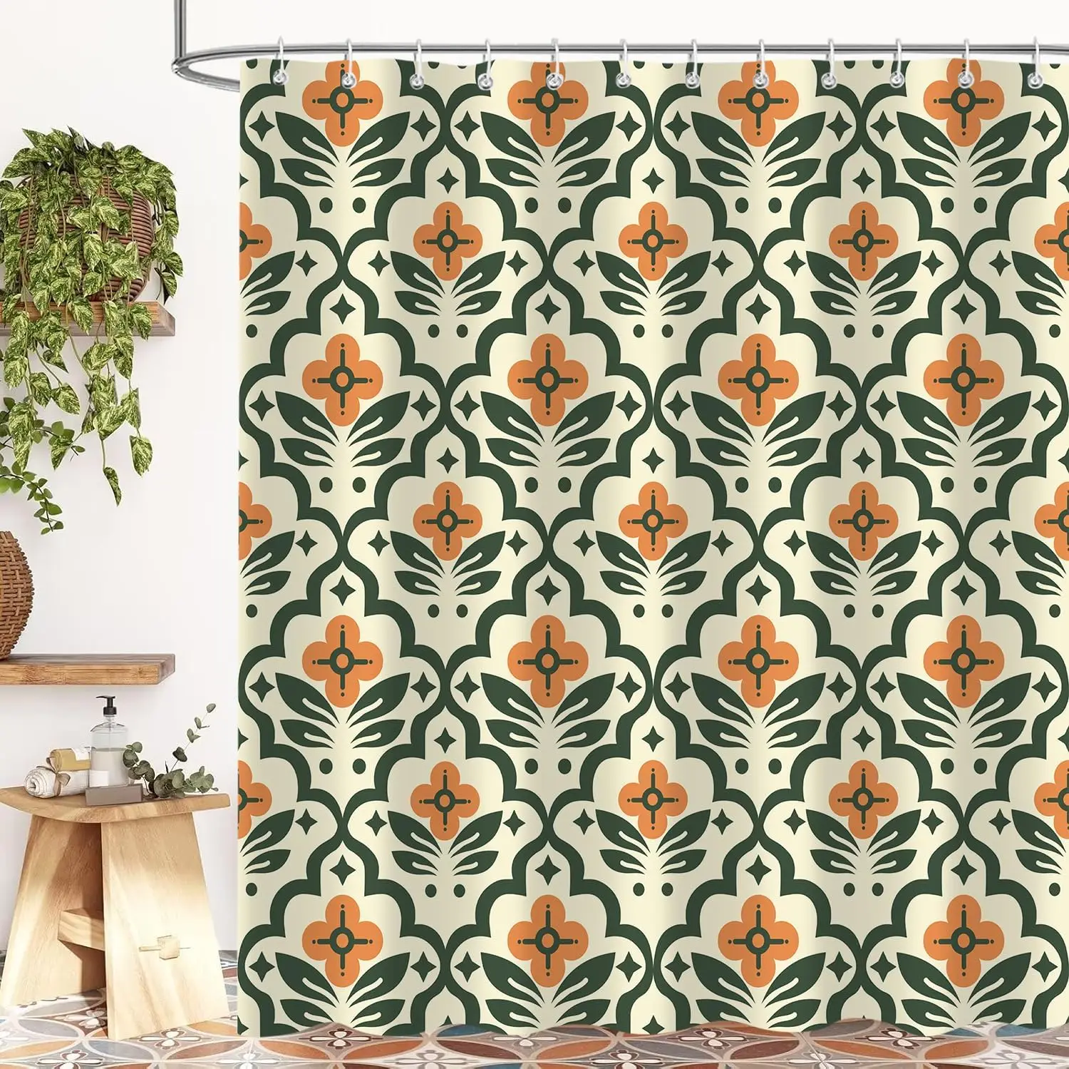 

Винтажная занавеска для душа в стиле бохо с цветочным принтом, современная абстрактная занавеска середины века для ванной комнаты оранжево-зеленого цвета, водонепроницаемая занавеска из полиэфирной ткани для ванны