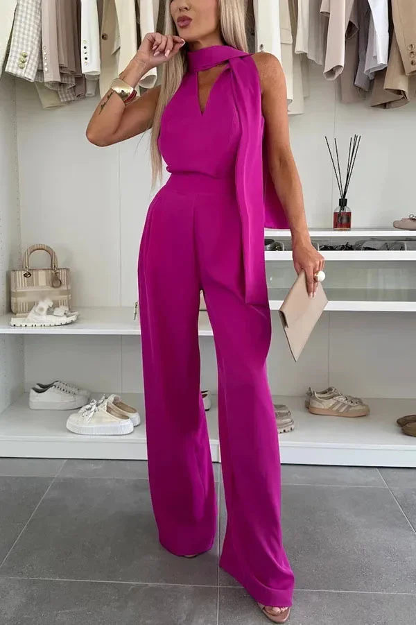 Elegant Office Lady Jumpsuits Spring Summer Fashion Slim V-neck Tie High Waist Sleeveless Solid Color Wide Leg Jumpsuits Women