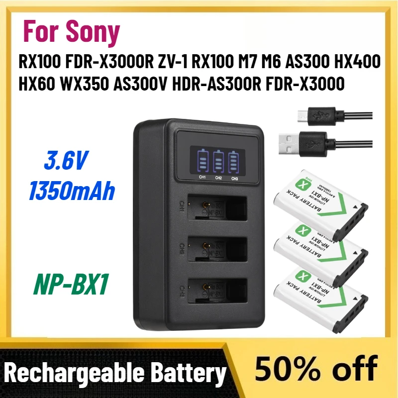 New 3.6V 1350mAh NP-BX1 Battery for Sony RX100 FDR-X3000R ZV-1 RX100 M7 M6 AS300 HX400 HX60 WX350 AS300V HDR-AS300R FDR-X3000