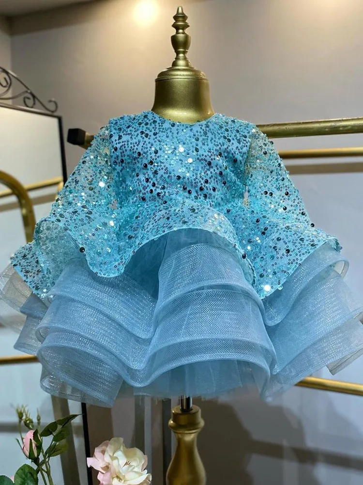 New Baby Girl cake tutu Birthday Party Wedding Dress Girls Clothes summer blue Big bow sequin Princess Baptismal kids Dress