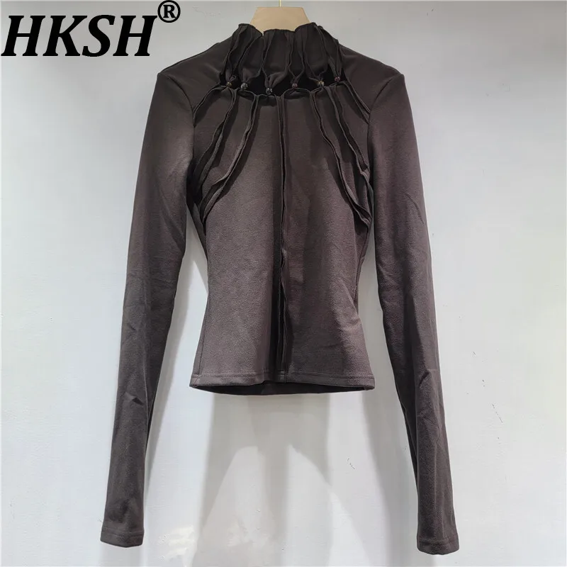 

HKSH Spring Autumn New Women T-shirt Long Sleeves Slim Fit Hollow Out Solid Color Elegant Trend Tees Fashion Casual Tops HK16482