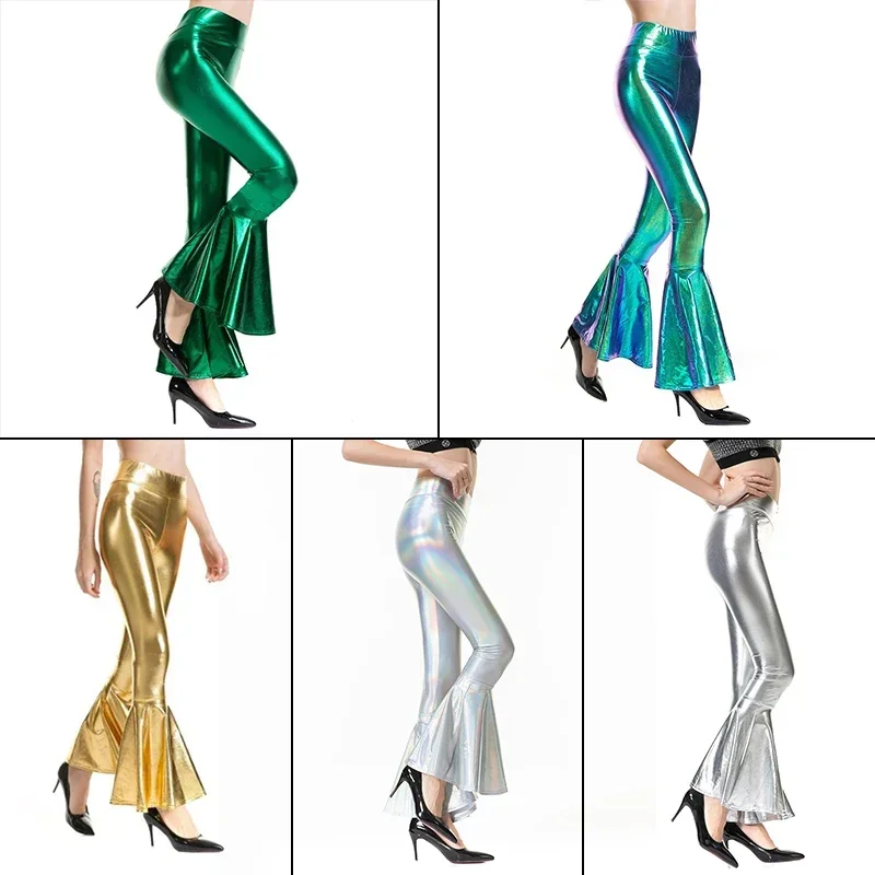 Women Sexy PU Leather Metallic Pants Shiny Holographic Flare Pants Lady Elastic Waist Flared Trousers Dance Performance Clubwear