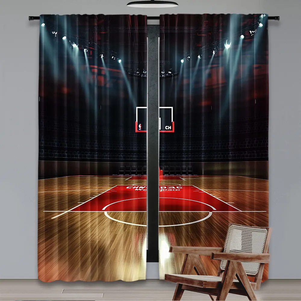 2Pcs Men Basketball Curtains Sport Theme Ball Court Arena Stadium Field Suitable For Bedroom Kitchen Dining Room Living Room