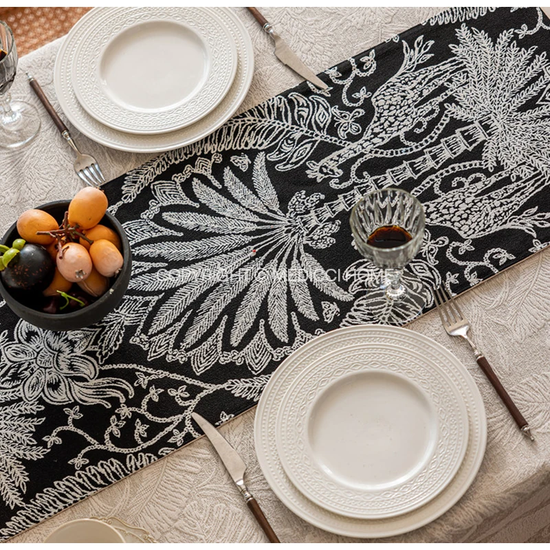 Medicci Home Giraffe In The Forest French Vintage Black Table Runner With Tassel Jacquard Dark Table Centerpiece Multiple Sizes