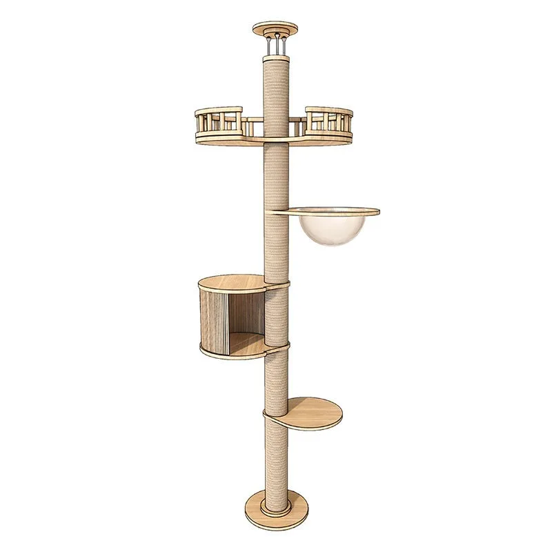 Solid Wood Floor‑to‑Ceiling Cat Tower All‑In‑One Cat Tree With Space Capsule Tall Cat Climbing Play Furniture For Indoor PetCats