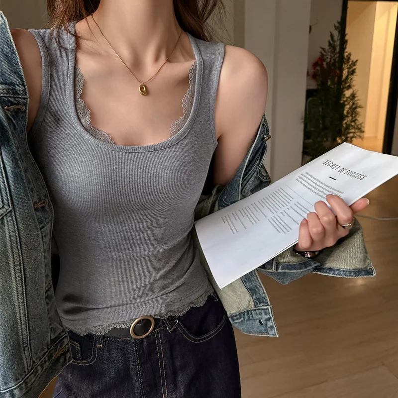 Summer Lace-Panel Square-Neck Tank Top Women Figure-Flattering, Slimming Solid Simple Versatile.
