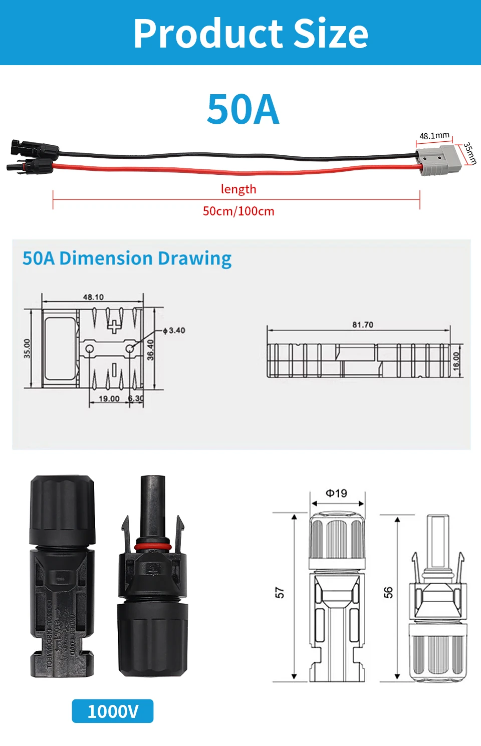 OMCH 50/100CM Solarpanel-Verlängerungskabel 6mm2 10AWG mit 50A-Stecker für Autobatterie und Solarpanel-Verbindung – Detail 4