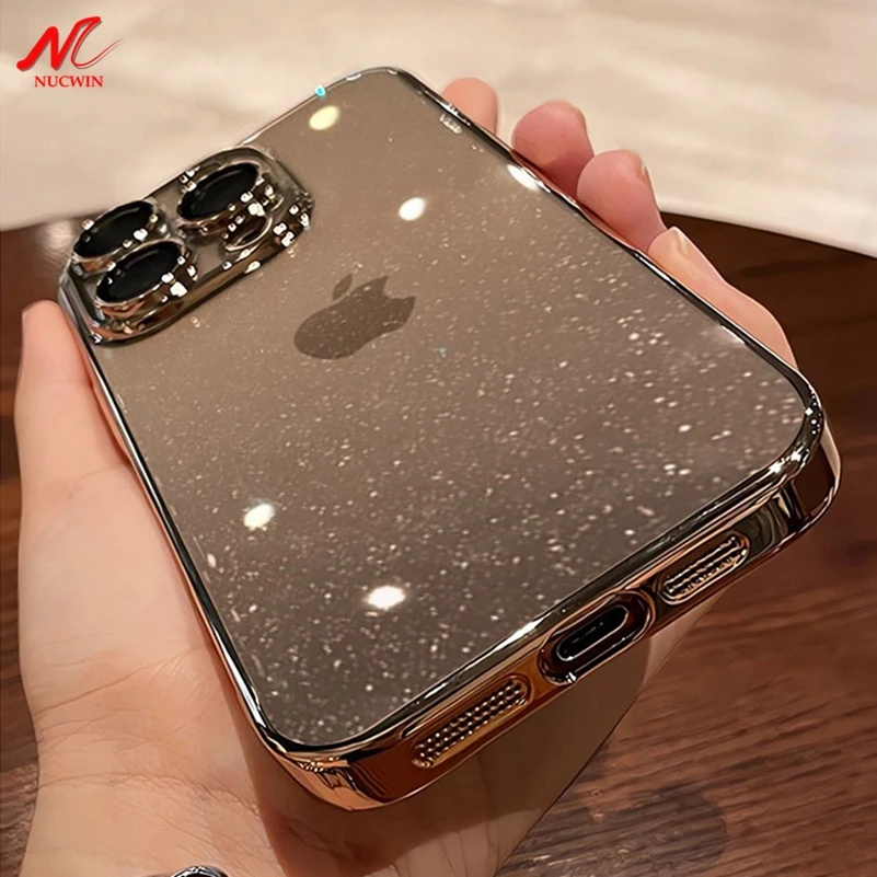 Luxury Glitter Transparent  PC Plating Case for iPhone 16 15 14 Pro Max Plus 13 11 12 Bling Clear Shockproof Ultra Slim Cover