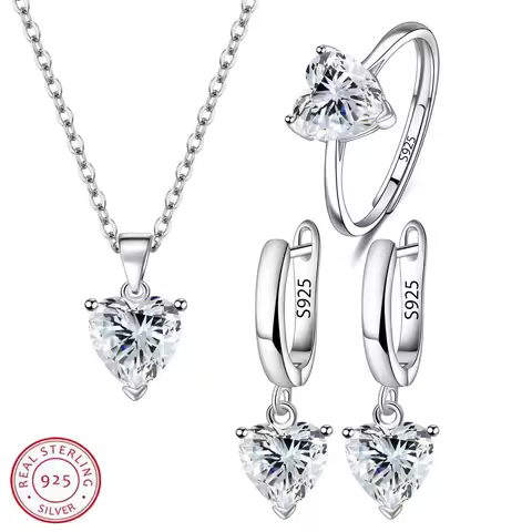 925 Sterling Silver Jewelry Sets For Women Heart Zircon Ring Earrings Necklace Wedding Bridal Elegant Christmas