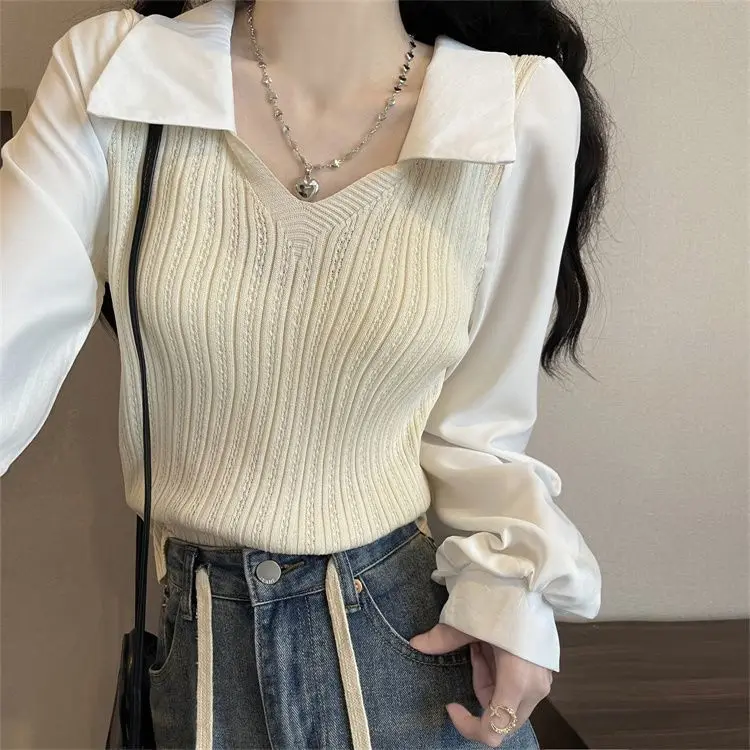 Design Sense Niche Splicing Polo Collar Lantern Sleeves Fake Two-piece Short Knitted Top Women\'s Long Sleeved Shirt