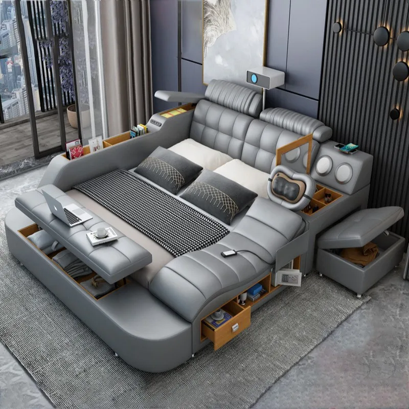 

Многофункциональная интеллектуальная массажная кровать-татами из кожи, современная простая кровать с проектором для главной спальни, двуспальная кровать 1,8 метра.