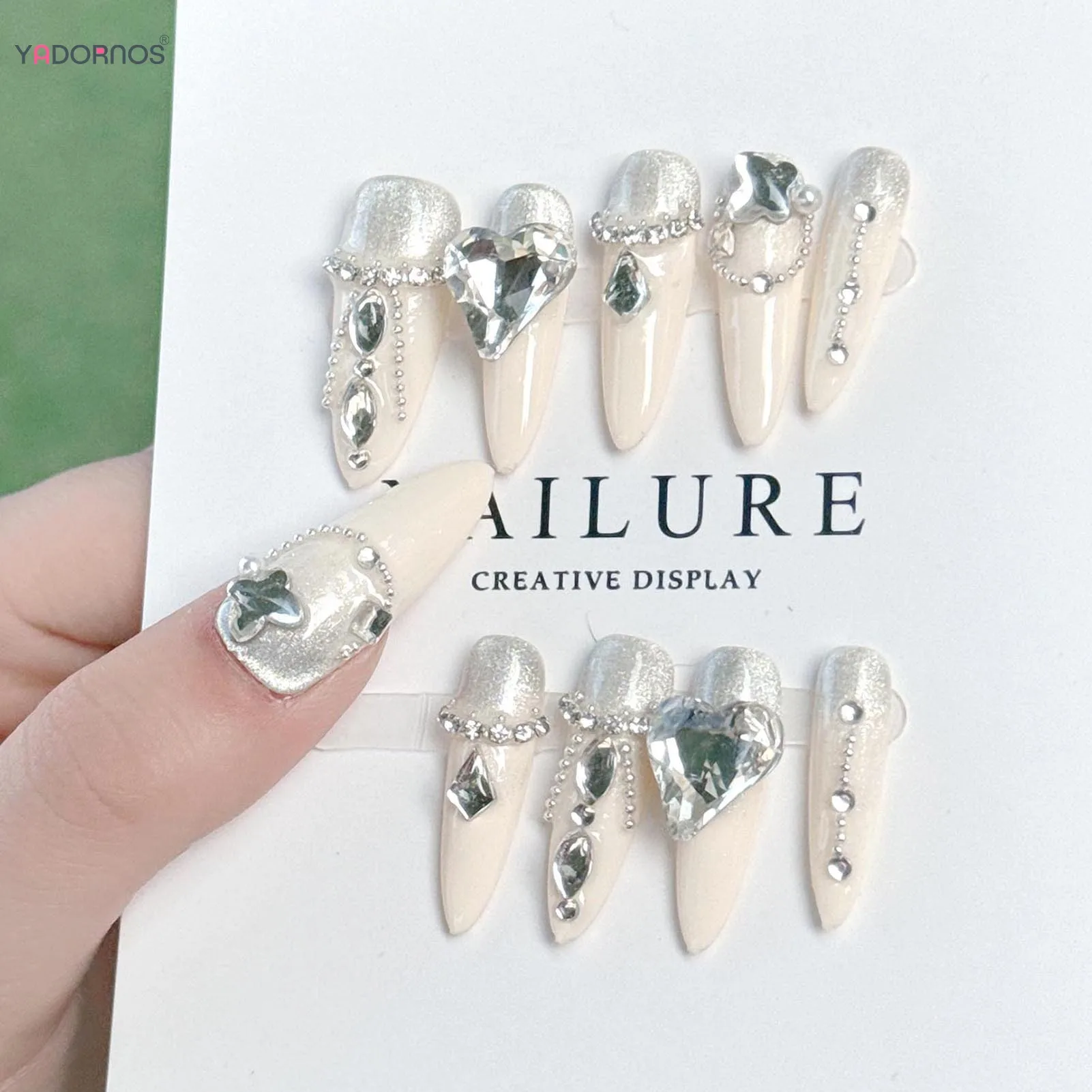 Uñas postizas hechas a mano para mujer y niña, Uñas postizas de color blanco y almendra larga, diseños brillantes de diamantes de imitación, manicura usable diaria, 10 piezas