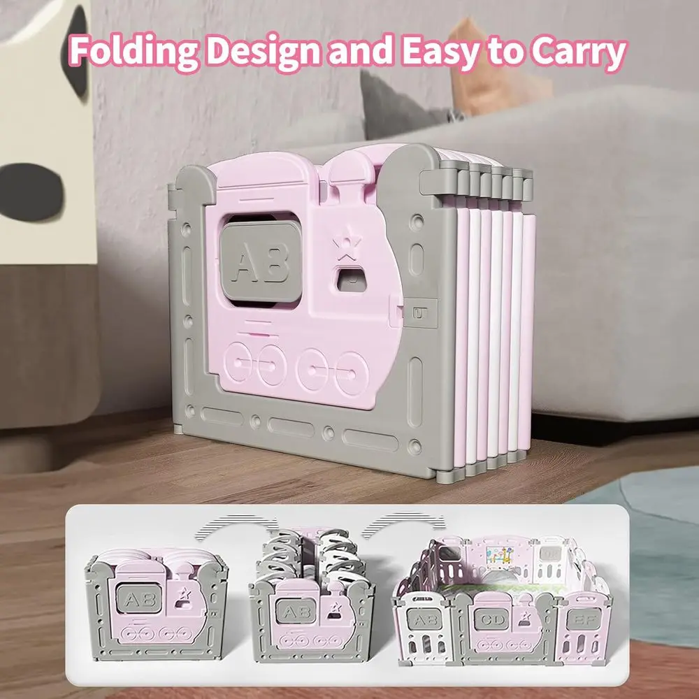 Tragbarer rosa Laufstall mit klappbarem Sicherheitszaun, Aktivitätszentrum und Spiele für den Innen- und Außenbereich