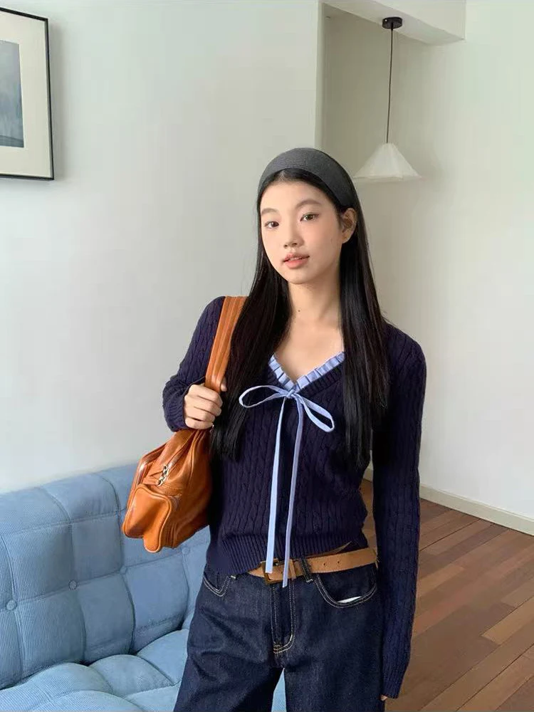 Sweet Bow Knit Sweater for Women Korean Chic Lace Up Long Sleeve Patchwork Slim Pullovers Autumn Winter All Match Jumper Mujer