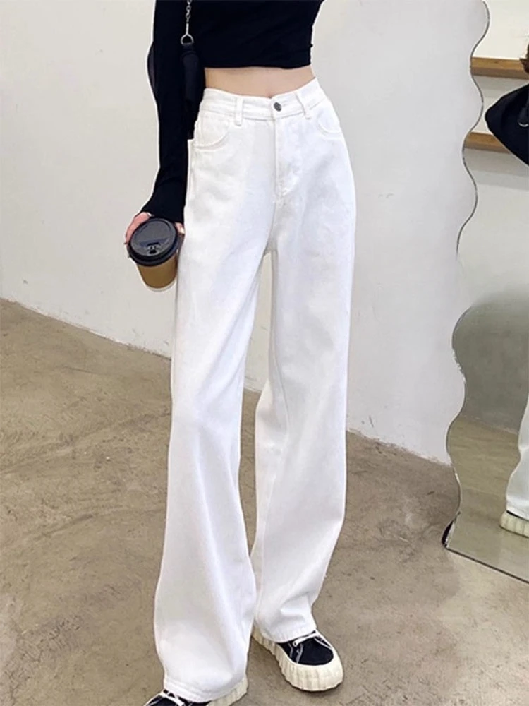 

Прямые джинсы с высокой талией, женские осенние большие размеры, утягивающие повседневные широкие брюки, свободные длинные брюки
