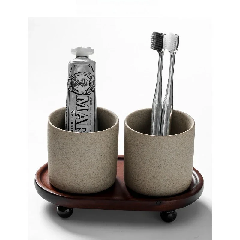 Vintage Style Ceramic Toothbrush Holder Set, Luxury Couple Mouthwash Cups with Matte Finish,Elegant Bathroom Vanity &Hotel Decor