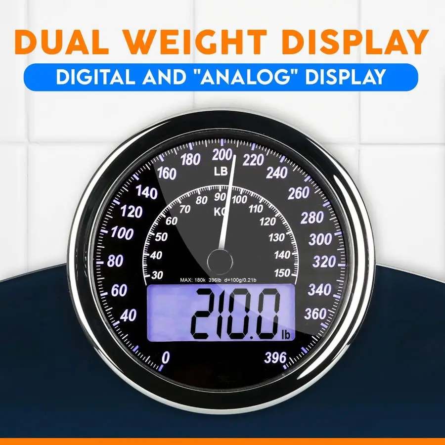 مقياس وزن رقمي هجين 2 في 1 تناظري لوزن الجسم يصل إلى 400 رطل من الزجاج المقسى السميك شاشة كبيرة جدًا سهلة القراءة