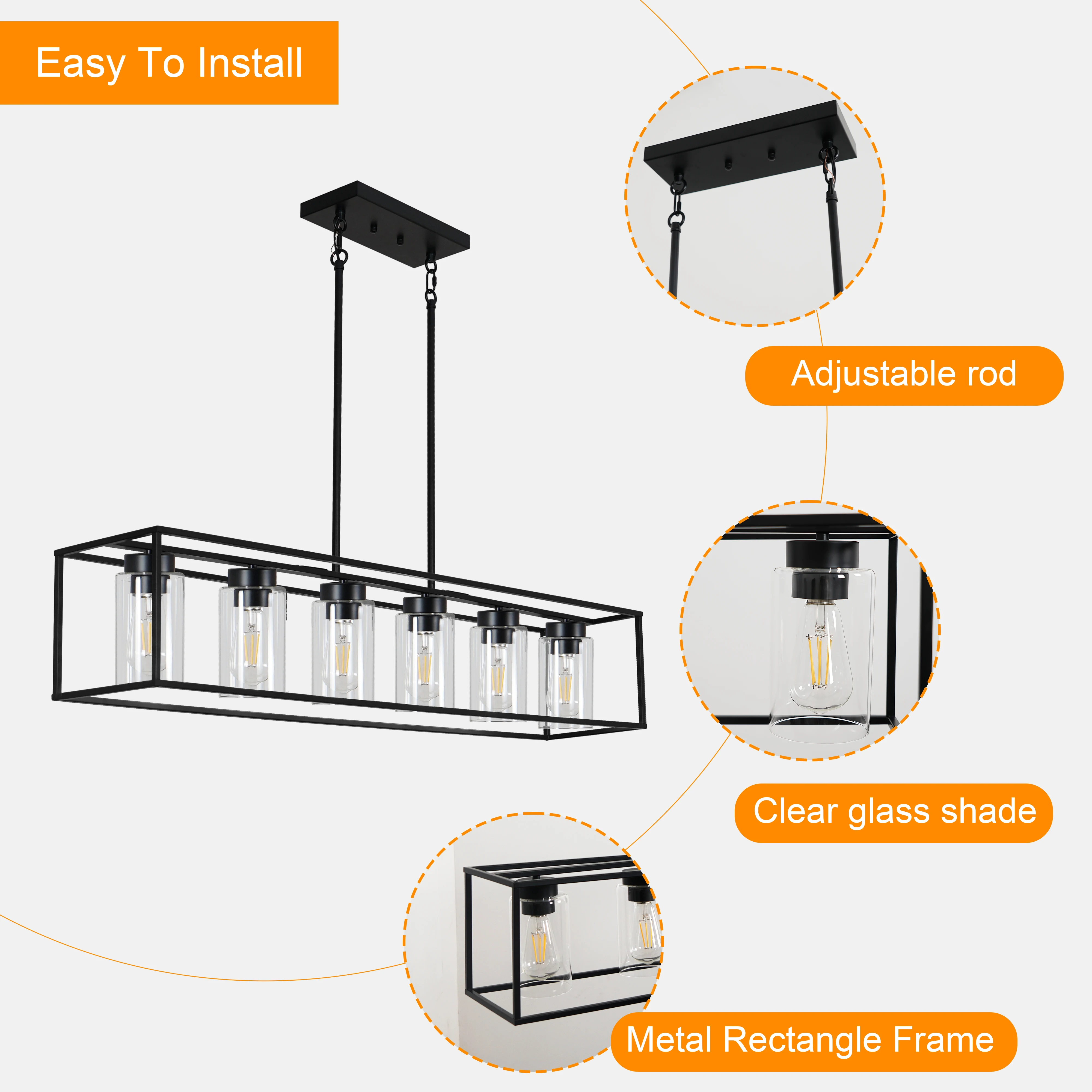 6-Lights Dining Room Lighting Fixtures Hanging, Kitchen Island Pendant Lights Contemporary Modern Ceiling Light with Glass Shade