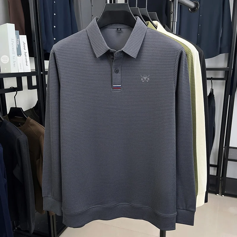 Neues Herren-Polohemd mit modischem Print, Original Frühling-Herbst, warmes, einfarbiges Langarm-T-Shirt, bequem für den Alltag, Büro, Herrenbekleidung – Detail 9