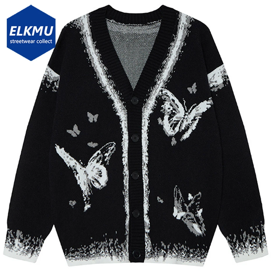 

Streetwear Hip Hop Men Sweaters Butterfly Graphic V-neck Sweaters Knit Cardigan Vintage Oversized Y2K Sweaters Knitwear