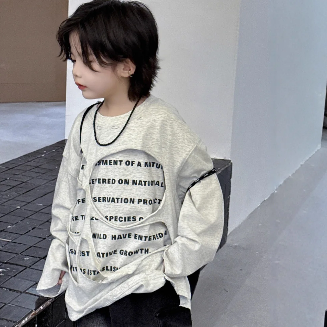 

2025 Autumn Loose Boy's Street Worn Letter Print Irregular Distressed T-Shirt