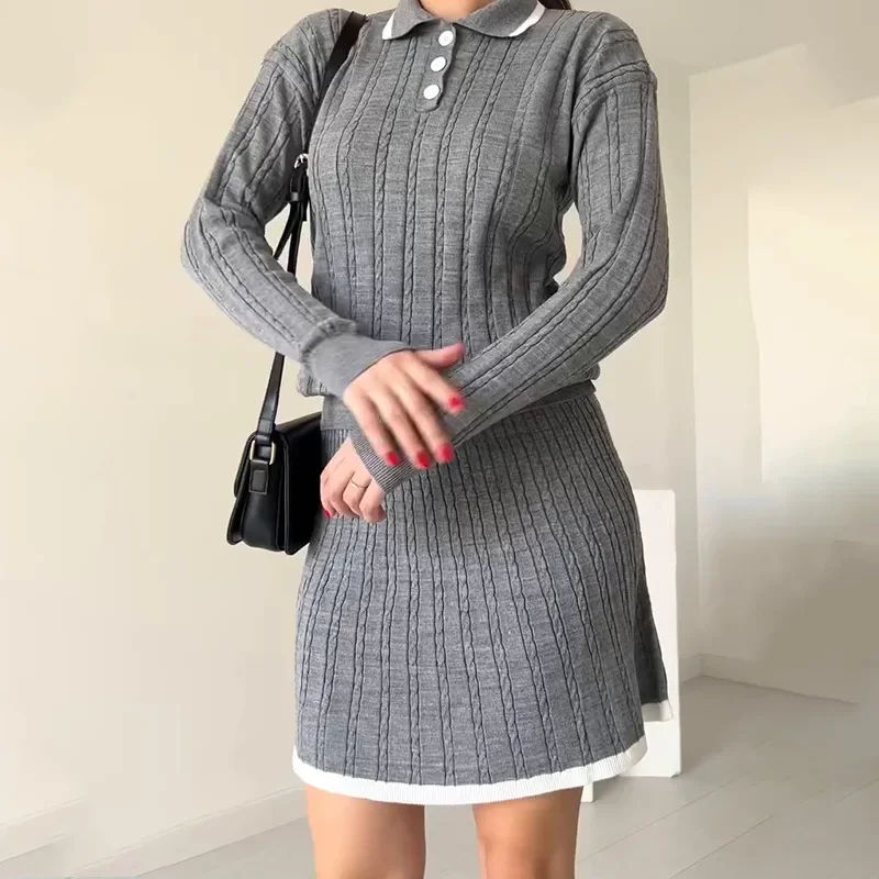 Women's Two Pieces Set Knitted Sweate Women's Clothing 2024 Autumn New POLO Collar Splicing Skirt Fashion Elegant Women's Sets