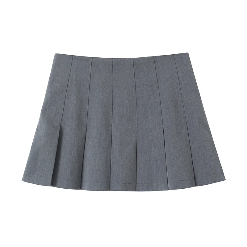 YENKYE Women Gray Wide Pleated Short Skirt Vintage High Waist Side Zipper Mini Skirt faldas mujer