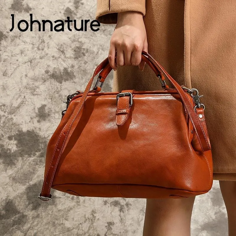 Johnature Retro Natural Soft Cow Leather Women's Bag 2025 New Handmade Large Capacity Handbag Casual Shoulder Bags