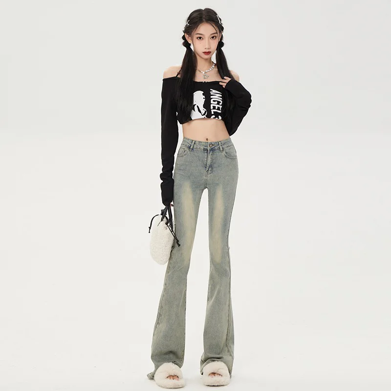 Vintage Blue Flare Jeans Women Summer High Waist Slim Skinny Jeans Denim Trousers Korean Style Street Streetwear Y2K