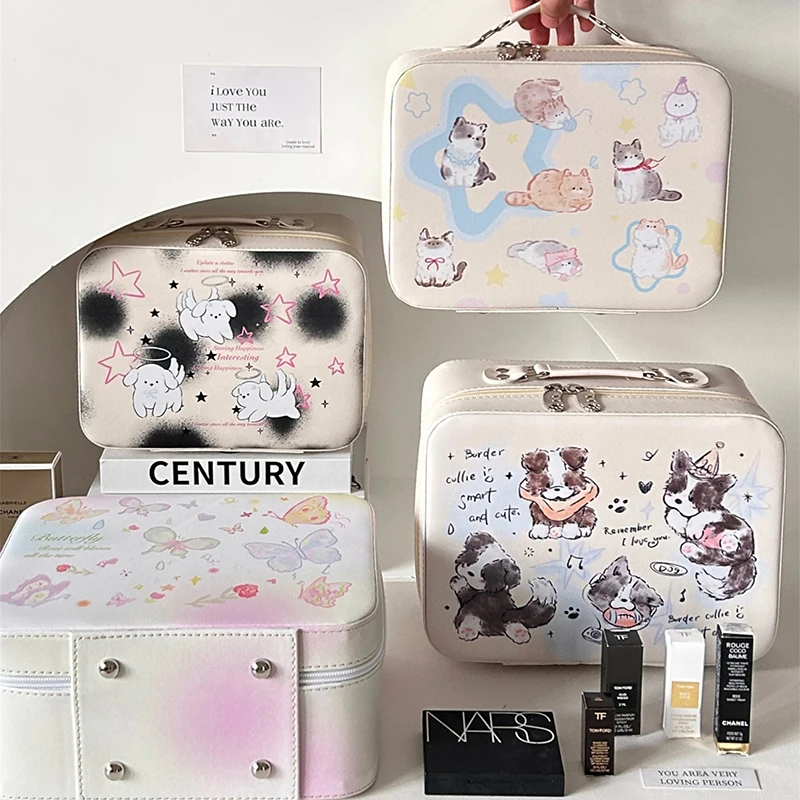 Kawaii Cat Makeup Storage Organizer Cute Travel PU Cosmetics Case contenitore portatile di grande capacità per le donne della ragazza