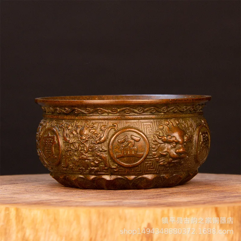 

Pure Copper Lion Ear Ornament Brass Zodiac Treasure Bowl Decoration for Office Living Room Store