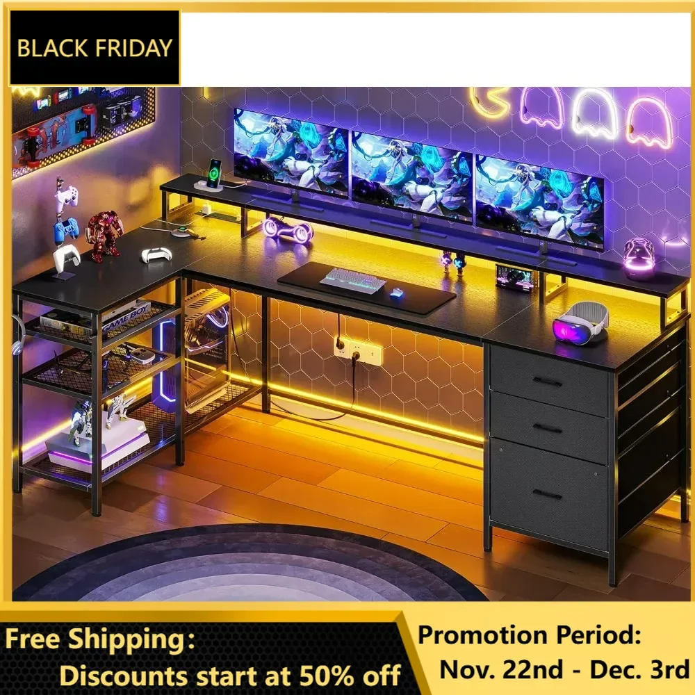 

L Shaped Gaming Desk, Power Outlet & LED Strip, Desk with Storage Shelves Monitor Shelf Mouse Pad, 78" Reversible Computer Desks