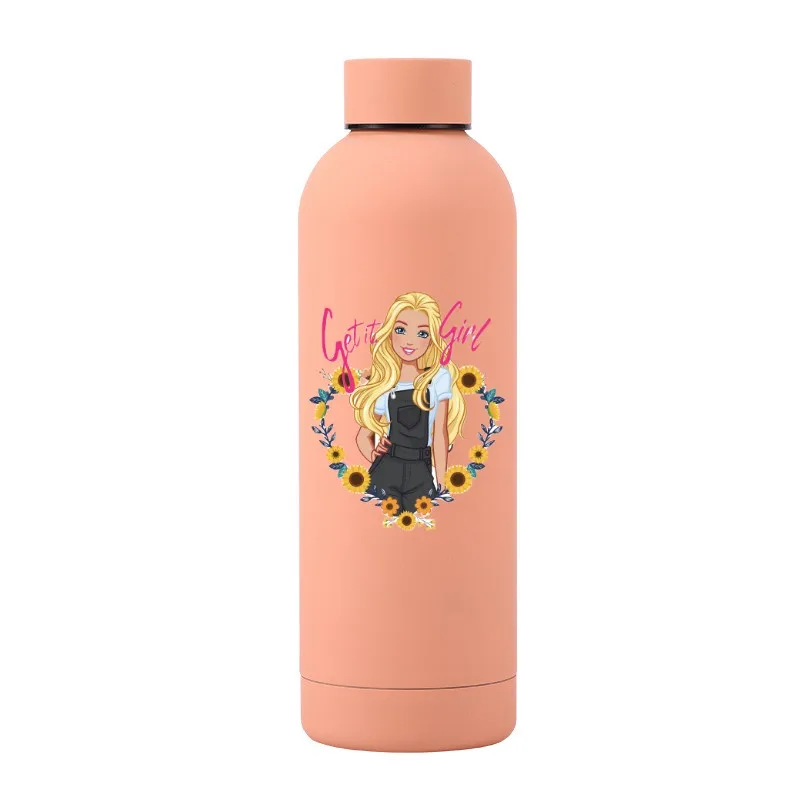 500Ml Barbie 304 Stainless Steel Water Cup Anime Cartoon Princess Sports Car Bottle Portable Thermos Cup Cold Water Bottles