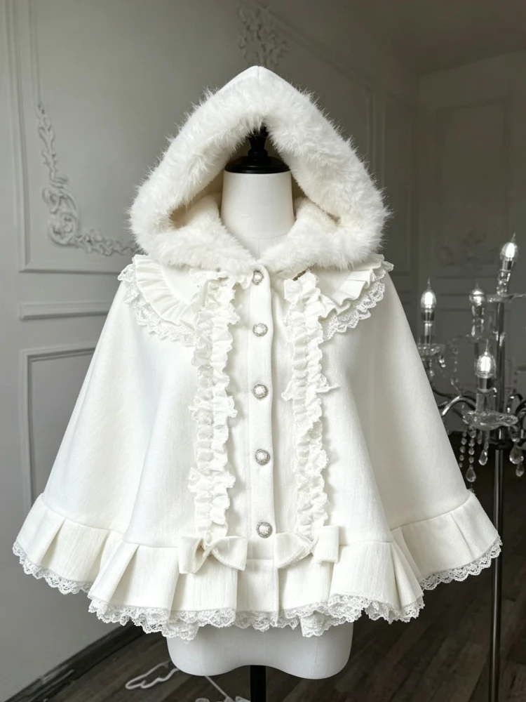 Japanese Sweet Style Lolita Hooded Cloak Women Cat Ear Design Faux Fur Bow Lace Winter Warm Matching Cape Cloak Party Outerwear