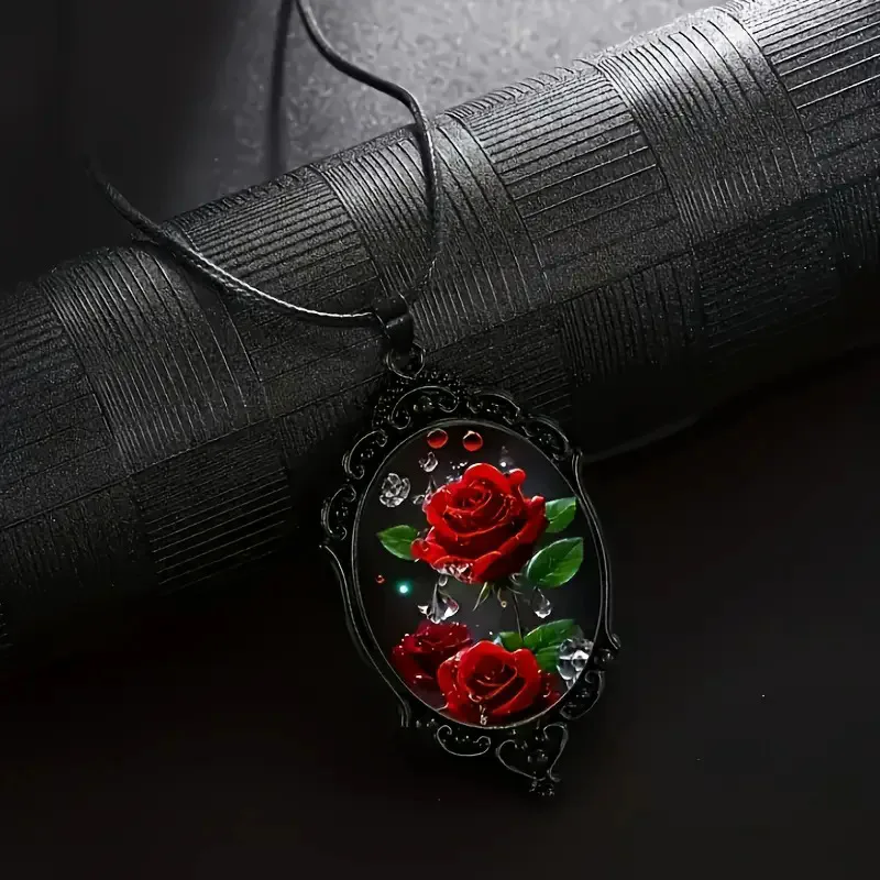 Cross Border New Product Flower Pattern Black Frame Glass Pendant Chain Necklace, Romantic Gift