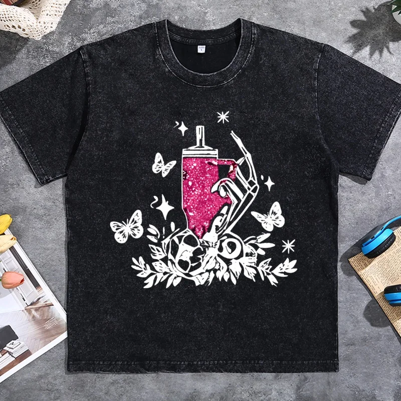 Floral Trophy Men's Graphic TShirt cotton Short Sleeve Soft T shirt Vintage washed  Streetwear Men Women harajuku clothing tops