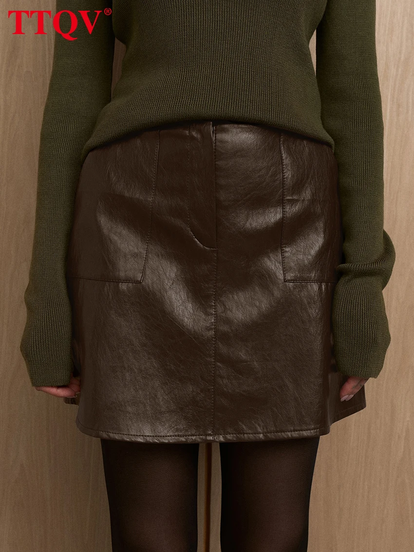 

TTQV Fashion Loose Brown Pu Leather Women's Skirt 2026 Bodycon High Waist Mini Skirts Elegant Classic Skirt Female Clothing
