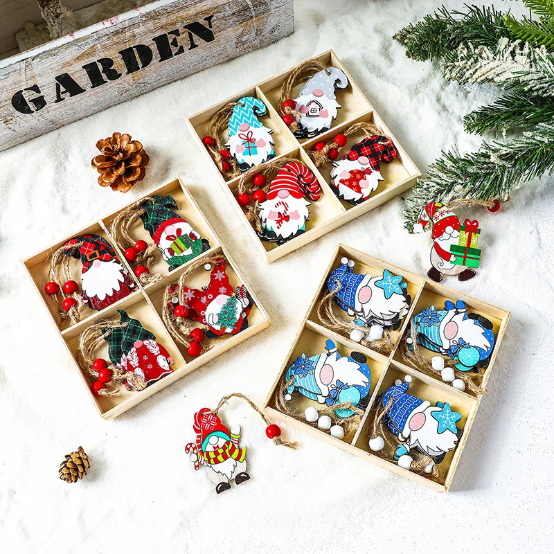 

Christmas Decorations 4-Compartment Wooden Box with Cartoon Prints Gnome Figurines Christmas Wooden Tree Ornaments Ornament Set