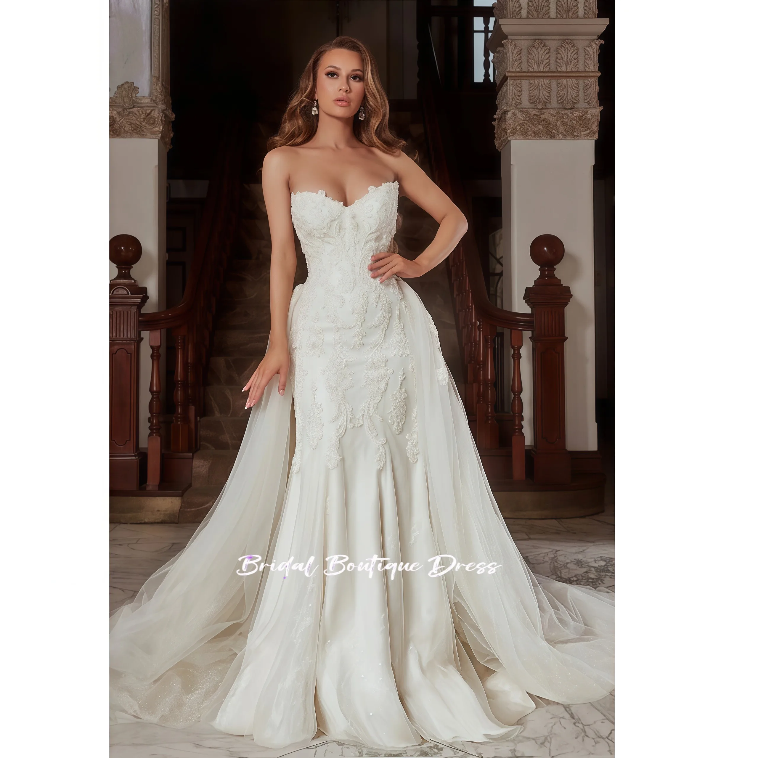 Abito da sposa squisito personalizzato a linea A Abito senza spalline Abiti da sposa in tulle di pizzo Abiti eleganti con scollo a cuore staccabili 1 in 2
