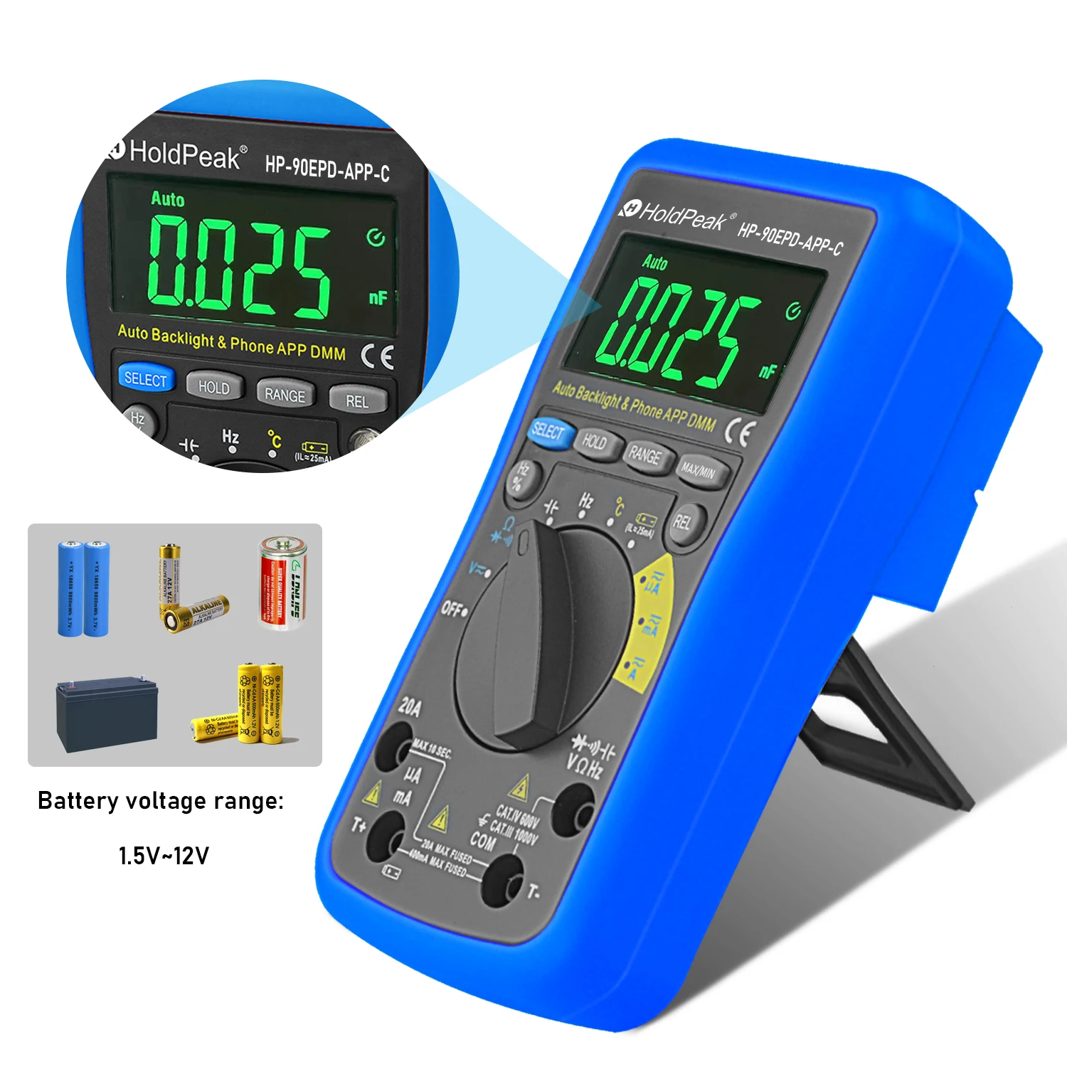 HoldPeak Smart Digital Multimeter,6000 Counts TRMS Meter ACV DCV 0-1000V Resistance Capa Frequency Test,Data Hold,