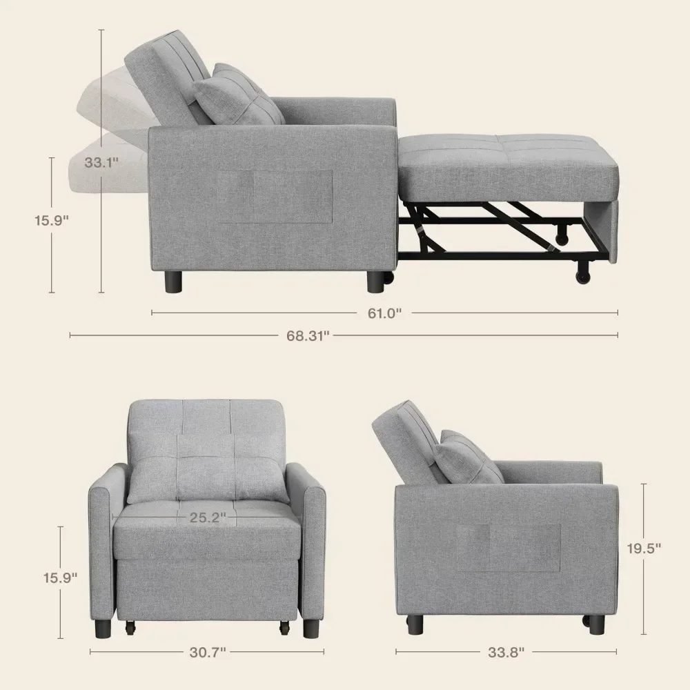 Sleeper Sofa Chair Bed, Convertible Sofa Chair 3-in-1, Adjustable Sleeper Chair Pullout Sofa Bed with Modern Linen Fabric for