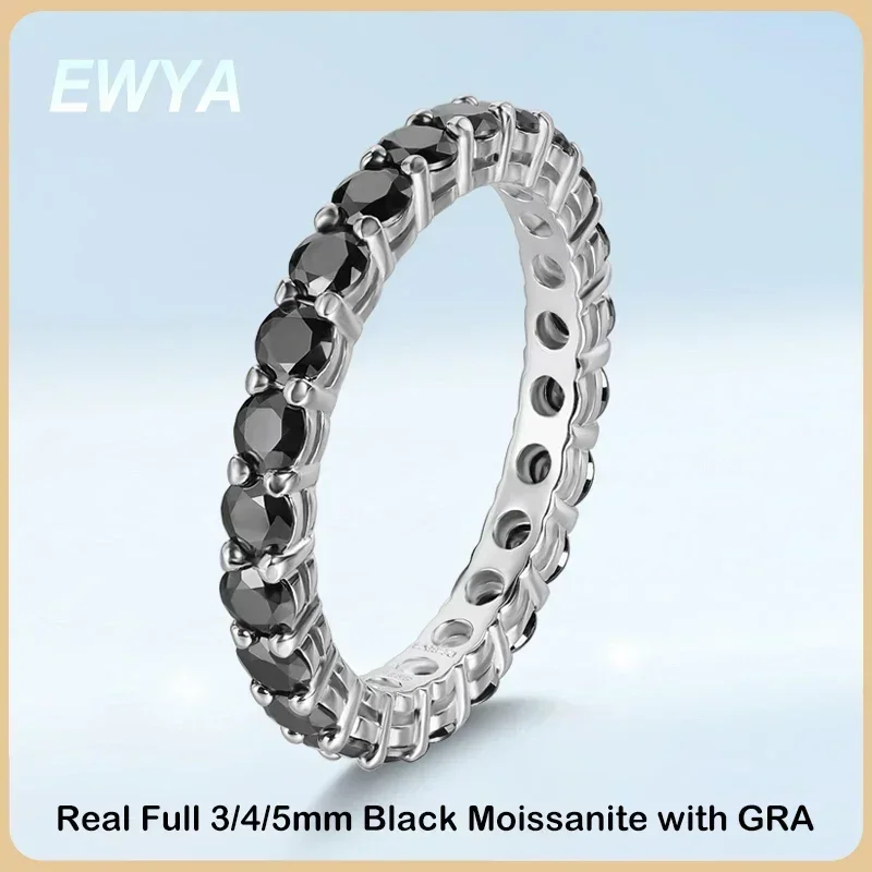 EWYA GRA Certified Full 3/4/5mm D Color Black Moissanite Ring Full Eternity Diamond Band For Women Men S925 Silver Wedding Rings