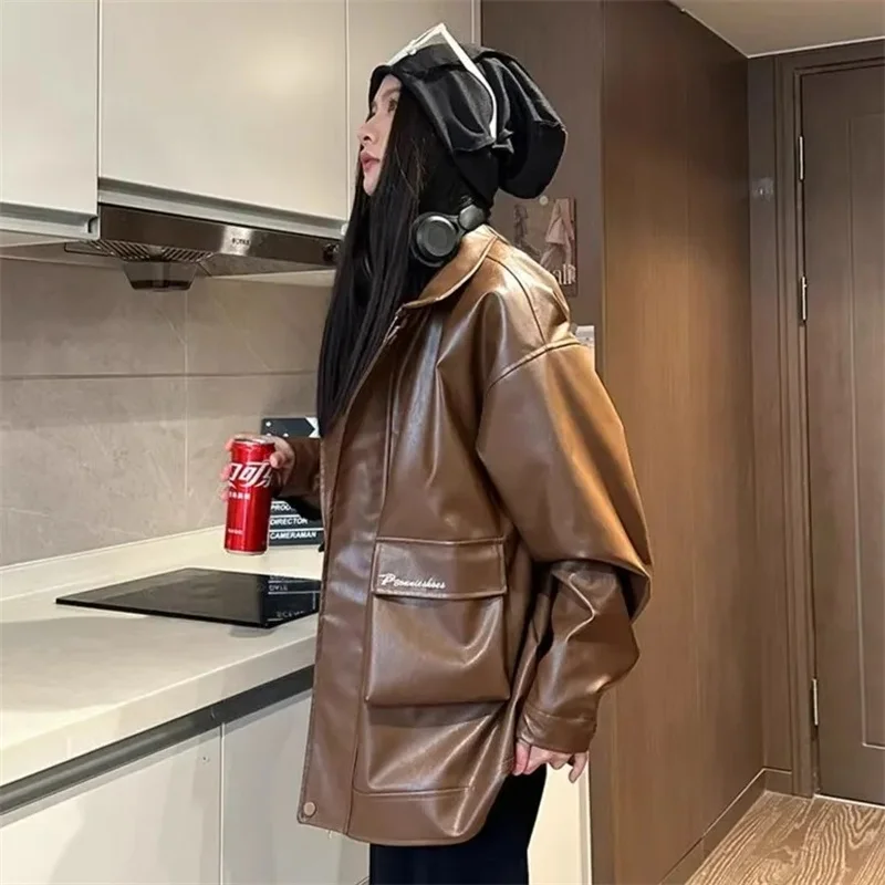 Jesienny Trend Damski Skórzany Płaszcz Retro Moda Damska Sztuczna Skóra Odzież Wierzchnia Damska Wysokiej Jakości Kurtka Motocyklowa z PU