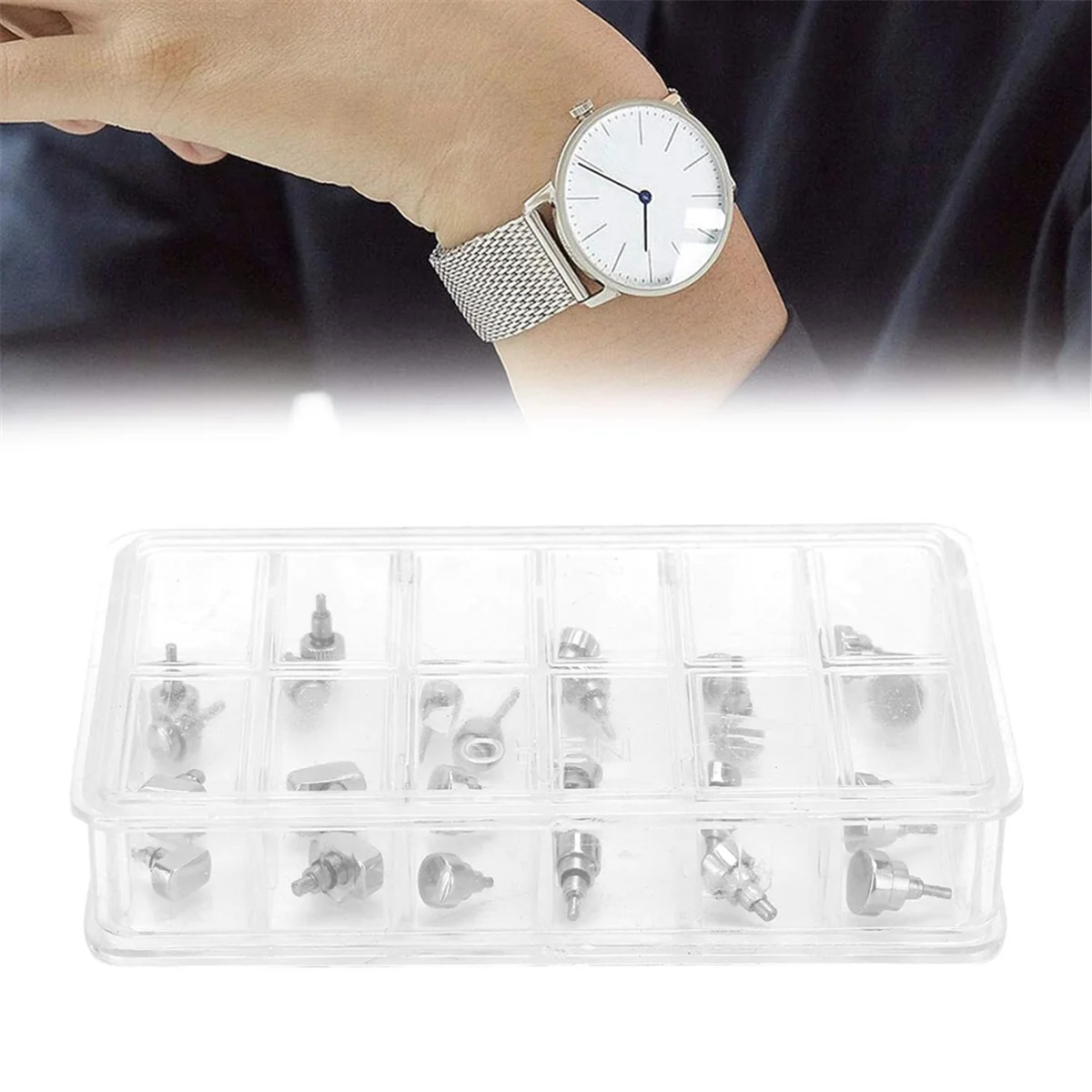 

XFDE Stainless Steel Watch Push Press Button,12 Grid/Box Watch Repairing Tool Accessory,Replacement Kit Watch Repair Tool